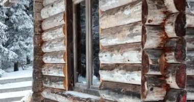 Splendid mountain winter landscape with secluded small wooden alpine cottage among the fir trees fully covered by snow during snow fall. Hi quality 4K slow motion footage. 