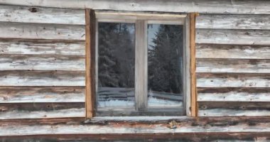 Splendid mountain winter landscape with secluded small wooden alpine cottage among the fir trees fully covered by snow during snow fall. Hi quality 4K slow motion footage. 
