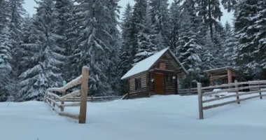 Splendid mountain winter landscape with secluded small wooden alpine cottage among the fir trees fully covered by snow during snow fall. Hi quality 4K slow motion footage. 