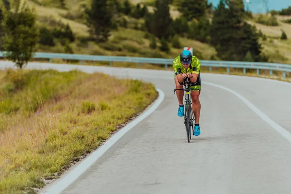 Full Length Portrait Active Triathlete Sportswear Protective Helmet Riding Bicycle — стоковое фото