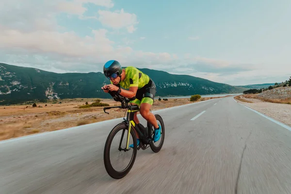 Full Length Portrait Active Triathlete Sportswear Protective Helmet Riding Bicycle — Fotografia de Stock
