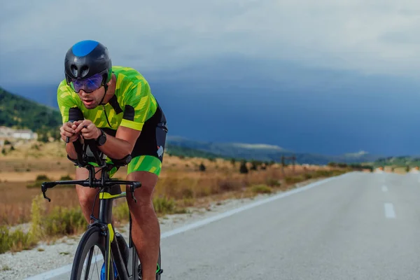 Full Length Portrait Active Triathlete Sportswear Protective Helmet Riding Bicycle —  Fotos de Stock
