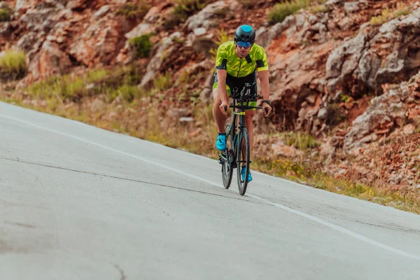 Full Length Portrait Active Triathlete Sportswear Protective Helmet Riding Bicycle — Foto de Stock