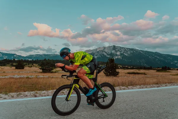 Full Length Portrait Active Triathlete Sportswear Protective Helmet Riding Bicycle — Zdjęcie stockowe