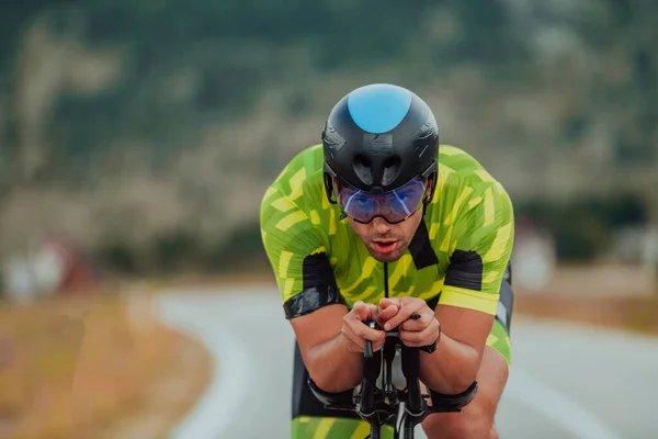 Full Length Portrait Active Triathlete Sportswear Protective Helmet Riding Bicycle Stock Obrázky