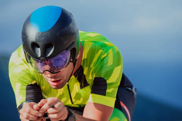 Close Photo Active Triathlete Sportswear Protective Helmet Riding Bicycle Selective — стоковое фото