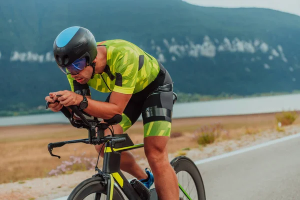 Full Length Portrait Active Triathlete Sportswear Protective Helmet Riding Bicycle — Photo