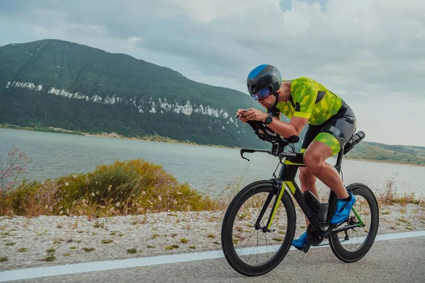 Full Length Portrait Active Triathlete Sportswear Protective Helmet Riding Bicycle — Stock Photo, Image