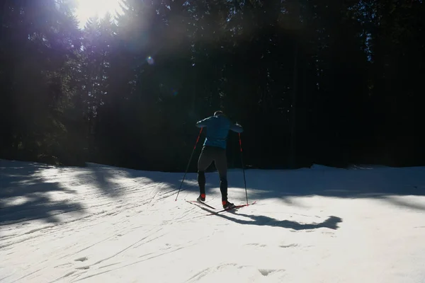 Скандинавские Лыжи Лыжные Гонки Классическая Техника Практикуется Человеком Красивой Панорамной — стоковое фото