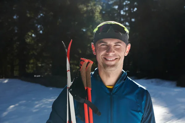 Portrait Handsome Male Athlete Cross Country Skis Hands Goggles Training —  Fotos de Stock