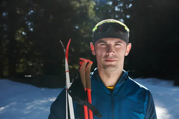 Portrait Handsome Male Athlete Cross Country Skis Hands Goggles Training — ストック写真