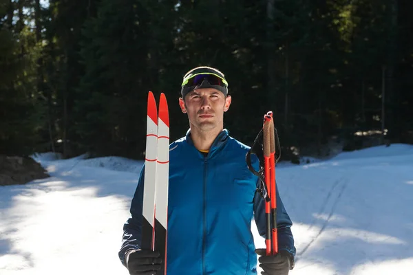 Portrait Handsome Male Athlete Cross Country Skis Hands Goggles Training — Foto Stock
