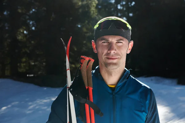 Portrait Handsome Male Athlete Cross Country Skis Hands Goggles Training — Stockfoto