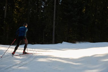 Nordic skiing or Cross-country skiing classic technique practiced by man in a beautiful panoramic trail at morning. Selective focus 