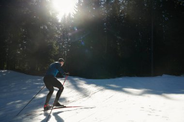 Nordic skiing or Cross-country skiing classic technique practiced by man in a beautiful panoramic trail at morning. Selective focus 