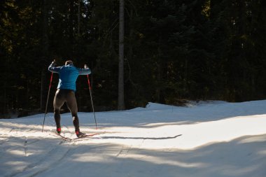 Nordic skiing or Cross-country skiing classic technique practiced by man in a beautiful panoramic trail at morning. Selective focus 