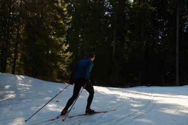 Nordic skiing or Cross-country skiing classic technique practiced by man in a beautiful panoramic trail at morning. Selective focus 
