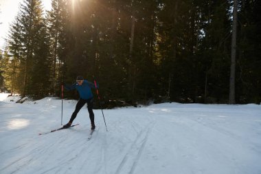 Nordic skiing or Cross-country skiing classic technique practiced by man in a beautiful panoramic trail at morning. Selective focus 