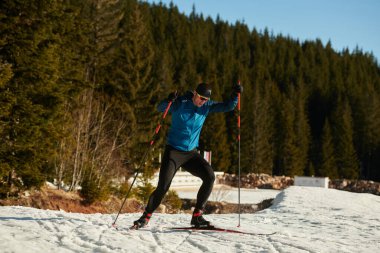 Nordic skiing or Cross-country skiing classic technique practiced by man in a beautiful panoramic trail at morning. Selective focus 