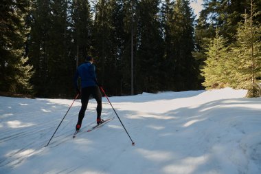 Nordic skiing or Cross-country skiing classic technique practiced by man in a beautiful panoramic trail at morning. Selective focus 