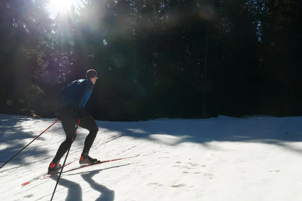 北欧滑雪运动或越野滑雪运动是人类早上在美丽的全景小径上所采用的经典技术 有选择的重点 — 图库照片