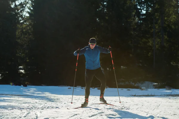 Nordic Skiing Cross Country Skiing Classic Technique Practiced Man Beautiful — Foto Stock