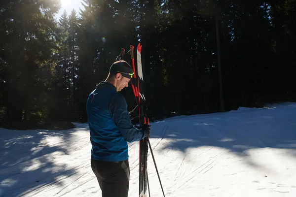 Portrait Handsome Male Athlete Cross Country Skis Hands Goggles Training — Fotografia de Stock