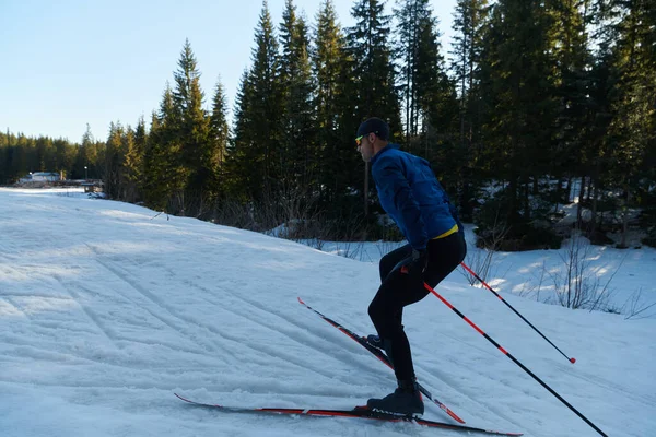 Nordic Skiing Cross Country Skiing Classic Technique Practiced Man Beautiful — Stok fotoğraf