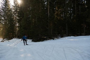Nordic skiing or Cross-country skiing classic technique practiced by man in a beautiful panoramic trail at morning. Selective focus 