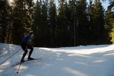 Nordic skiing or Cross-country skiing classic technique practiced by man in a beautiful panoramic trail at morning. Selective focus 