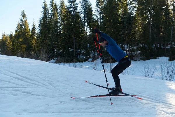 Nordic Skiing Cross Country Skiing Classic Technique Practiced Man Beautiful — 图库照片
