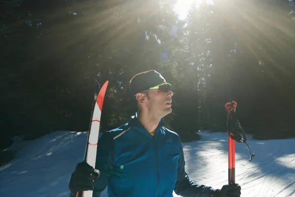 Portrait Handsome Male Athlete Cross Country Skis Hands Goggles Training — Foto de Stock