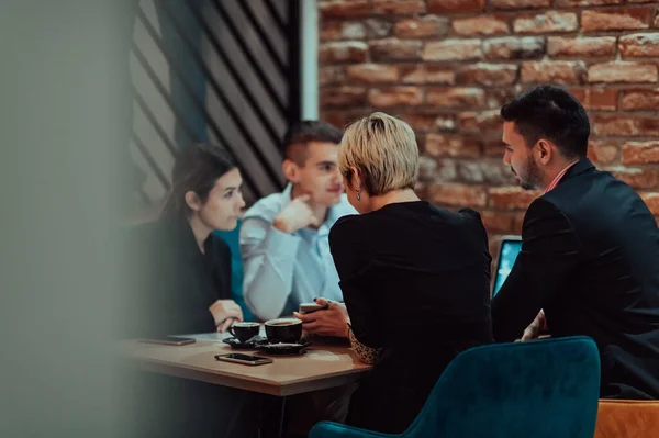 Happy Businesspeople Smiling Cheerfully Meeting Coffee Shop Group Successful Business — Stock Photo, Image
