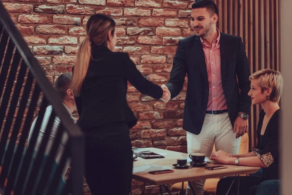 Business Shaking Hands Finishing Meeting Successful Businesspeople Handshaking Good Deal — Stock Photo, Image