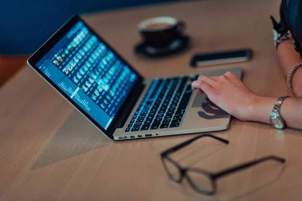 Bir Kadınının Bir Kafede Oturup Bir Dizüstü Bilgisayarla Uğraşırken Çevrimiçi — Stok fotoğraf