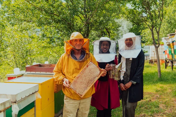Arab woman investitors with an experienced senior beekeeper checking the quality and production of honey at a large bee farm.ality photo