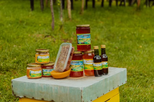Natural Honey Products Photographed Honey Farm Pollen Honey Various Honey — Zdjęcie stockowe