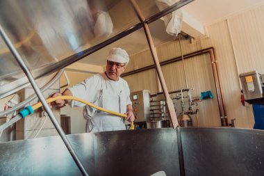 A cheese makser working in the industry on various machines with the help of which cheese is processed. Small business concept. 