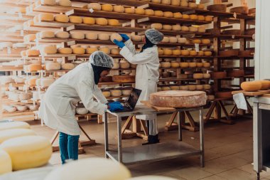 Muslim business partners check the quality of cheese in the modern industry. 