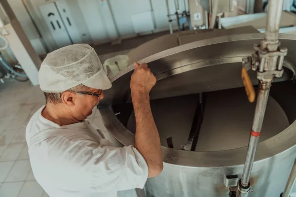 Man mixing milk in the stainless tank during the fermentation process at the cheese manufacturing.
