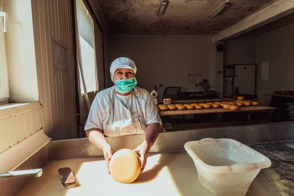 Woman Cheese Industry Woman Preparing Cheese Further Processing Process Modern — Stok fotoğraf