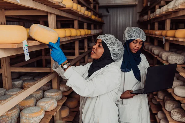 Business of a Muslim partners in a cheese warehouse, checking the quality of cheese and entering data into laptop.