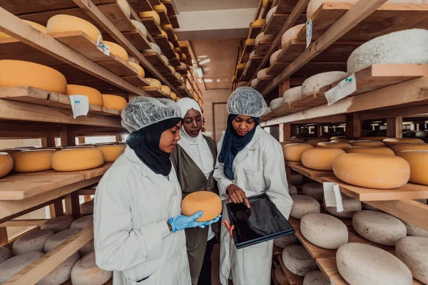 Arab Business Partners Checking Quality Cheese Industry Enter Data Laptop — Stok fotoğraf