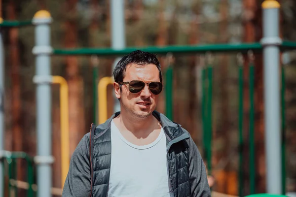 Modern Man Sunglasses Spending Sunny Day Park — Stockfoto