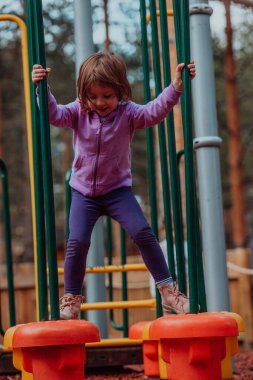 A little girl playing in the park. The concept of family socializing in the park. A girl swings on a swing, plays creative games. 