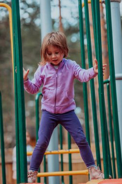 A little girl playing in the park. The concept of family socializing in the park. A girl swings on a swing, plays creative games. 