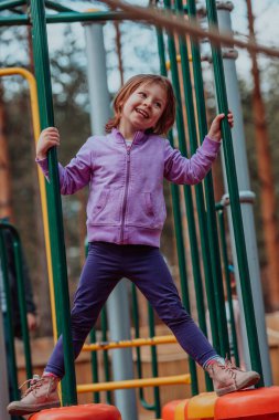 A little girl playing in the park. The concept of family socializing in the park. A girl swings on a swing, plays creative games. 