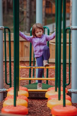 A little girl playing in the park. The concept of family socializing in the park. A girl swings on a swing, plays creative games. 