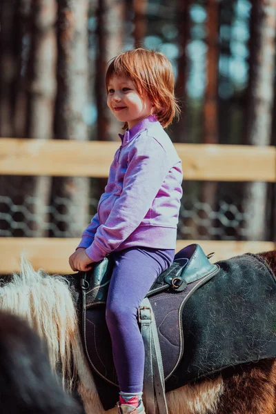 Little Happy Girl Having Fun Park While Riding Small Horses — Stock Photo, Image