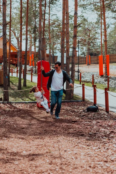 Family Time Park Father Have Fun His Daughter Park Playing — стоковое фото